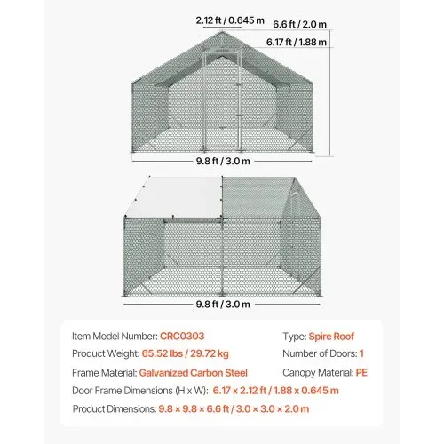 VEVOR Hühnerstall, 3x3x2 m, Begehbarer Hühnerauslauf mit Wasserdichter Abdeckung & Stabilem Rahmen, Geflügelkäfig mit Spitzdach, Freilaufgehege, Geflügelstall für Kaninchen, Hühner, Gänse – Bild 6