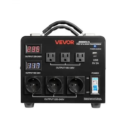 VEVOR Spannungswandler-Transformator, 3000 VA, Aufwärts-/Abwärtstransformator, 110 V auf 220 V & 220 V auf 110 V, mit 3 US-Steckdosen, 3 EU-Steckdosen, LCD-Display, Schutzschalter – Bild 8