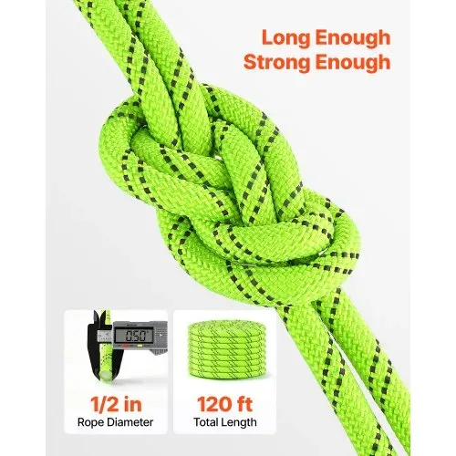 VEVOR Polyesterseil 12,7 mm x 36 m Doppelt Geflochtenes Zugseil Neongrün, Allzweckseil für Festmacher Kletter Camping & Outdoor, 1678 kg Bruchlast, 24 Außen- & 11 Innenstränge, Reflektierendes Design – Bild 2