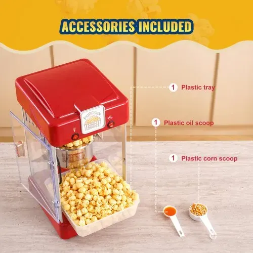 VEVOR Popcornmaschine, 300 W Popcornmaschine, 2,5 oz Kessel macht 4 QT pro Ladung, Tisch-Popcornmaschine mit PP-Tür, inkl. 2 Schaufeln und Tablett, Kino-Stil, rot – Bild 5