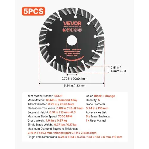 VEVOR 5 Stk. Diamanttrennscheiben 133 mm, Diamant-Sägeblätter mit 20 mm Bohrung & 13 mm Segmenthöhe, Max. 7000 U/min Diamantscheiben für Trocken/Nass Schneiden, Trennscheibe für Beton Mauerwerk Stein – Bild 6