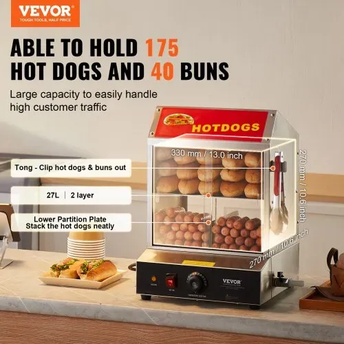 VEVOR Hot Dog Dampfgarer, 27L, 2-stufiger Hot Dog Hütten-Dampfgarer, 30℃~85℃ Temperaturregelung, elektrischer Brötchenwärmer mit Schiebetüren aus gehärtetem Glas, Trennplattenzange, Edelstahl, für Hot Dogs & Brötchen VEVOR Hot Dog Dampfgarer, 27L, 2-stufiger Hot Dog Hütten-Dampfgarer, 30℃~85℃ Temperaturregelung, elektrischer Brötchenwärmer mit Schiebetüren aus gehärtetem Glas, Trennplattenzange, Edelstahl, für Hot Dogs & Brötchen