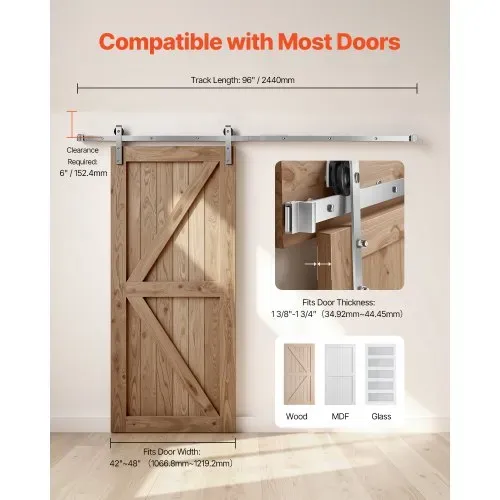 VEVOR Schiebetürsystem 2,44 m, Schiebetürbeschlag, Tragkraft 150 kg, kompatibel mit 107 bis 122 cm Breite & 34,92 bis 44,45 mm Dicke, langlebige Schiene & J-förmige Rolle – Bild 5