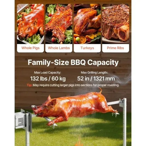 VEVOR Spanferkelgrill Lammgrill Spießbratengrill 1321 mm Rotisserie-Grill AC 220-240 V, 8-stufiges elektrisches Rotisserie-Grill-Set mit 60 kg Tragkraft, 38 W Motor Grillset für Partys – Bild 2