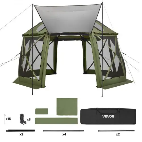 VEVOR Pop-up-Pavillon, 3,96 x 3,96 m, 13-seitiges, kugelförmiges Campingzelt mit abnehmbarem Dach & Tragetasche, 360°-Belüftung, Sonnenschutz, Partyzelt für 10–12 Personen, Grün – Bild 8