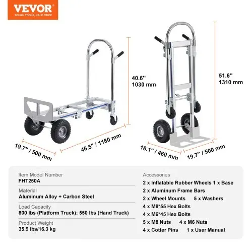 VEVOR 2-in-1 Sackkarre Klappbar 0,686kg Tragfähigkeit Transportkarre Aluminiumlegierung & Kohlenstoffstahl Sackkarre ⇋ Plattformwagen Trolley für Lade- & Transportaufgaben im Innen- & Außenbereich – Bild 6