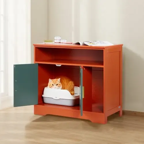 VEVOR Katzenschrank 792x430x710 mm, Katzenklo Schrank mit Regal & Stauraum, Katzenhaus aus Holz im modernen Stil für den Innenbereich, passend für die meisten Katzentoiletten, Rot & Grün – Bild 7