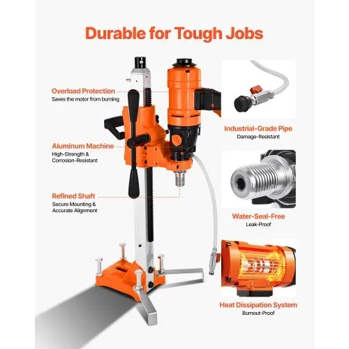 VEVOR Diamantkernbohrmaschine Kernbohrgerät, 202 mm max. Bohrdurchmesser, 2 in 1 Diamantbohrer 1500 W mit 4 Bohrern & einstellbarer Drehzahlen (1000 / 2500 U/min) für Beton Ziegel Stein – Bild 6