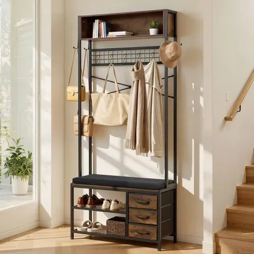 VEVOR Flurgarderobe 80 x 30 x180 cm, Garderobenständer mit Schuhablage (2 Ebenen) & 3 Schubladen, Freistehende Garderobe mit Bücherablage & Metallgitter, Ideal für Eingangsbereich, Schlafzimmer – Bild 7