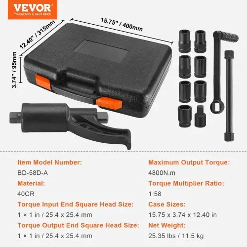 VEVOR Drehmomentvervielfältiger 4800 Nm, Drehmoment Verstärker 1:58, Drehmomentverstärker 25,4 x 25,4 mm, Drehmomentverstärker Radschlüssel Set 21# Quadratisch 24/27/30/32/33/38 mm Kraftschrauber – Bild 6