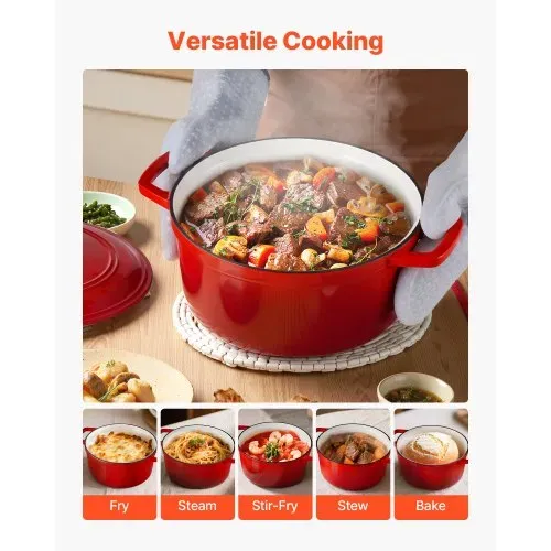 VEVOR Schmortopf aus emailliertem Gusseisen, 5,68 L Dutch Oven zum Backen von Sauerteigbrot, robuster Kochtopf mit Deckel & 2 Griffen, geeignet bis 260 °C, Feuertopf zum Kochen und Braten – Bild 5