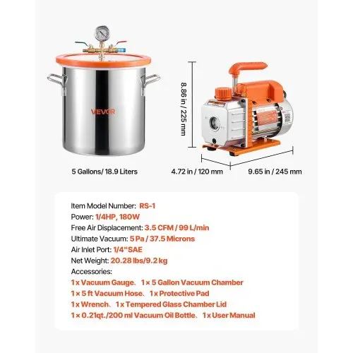 VEVOR Vakuumpumpe mit 18,9 L Vakuumkammer, 3,5 CFM 99 L/min, 180 W, 1-stufige Unterdruckpumpe, Vacuum Pump Kit, 1,5 m Schlauch, zur Stabilisierung von Holz & Entgasung von Silikonharz – Bild 6