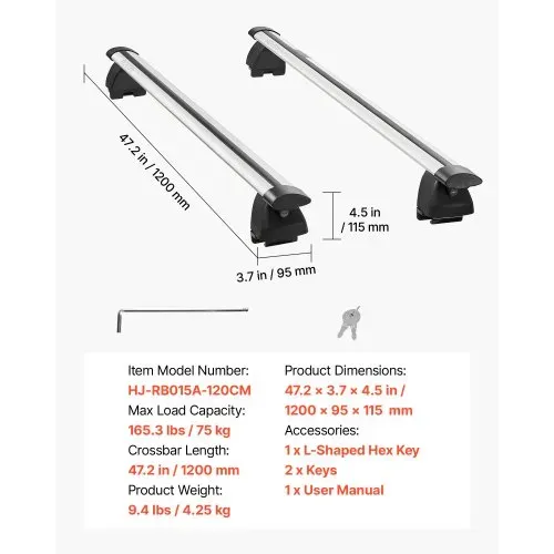 VEVOR 2 x Dachgepäckträger Querträger 75 kg Tragkraft, Abschließbare Dachträger für PKW SUV, Passend für Bündige Dachreling, 180-1035 mm Relingabstand, für Dachbox Kanu Fahrrad Transportkorb – Bild 6