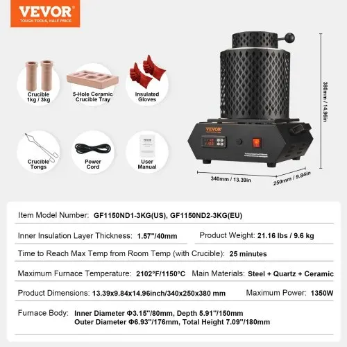 VEVOR Goldschmelzofen1350 W 1150 ℃ Max. Temperatur, digitaler elektrischer Schmelzofen 1 kg / 3 kg Keramiktiegel mit Tiegelzange & Handschuhen, zur Verarbeitung von Gold Silber Kupfer Aluminium rot – Bild 6