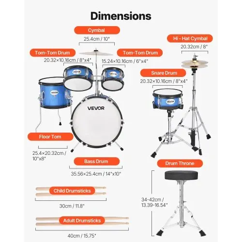 VEVOR Schlagzeug Set, 5-teilig, 35,6 cm Basstrommel, 20,3 cm Snare, 15,2 cm & 20,3 cm Tomtoms, 25,4 cm Standtom, 25,4 cm Crash-Becken, 20,3 cm Hi-Hat mit Ständer, für Kinder von 6–13 Jahren (blau) – Bild 2