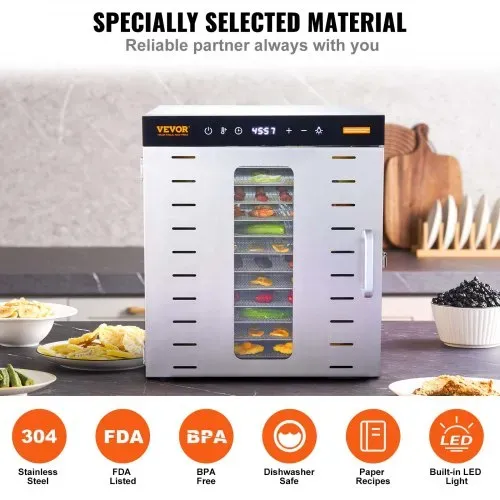 VEVOR 1000 W Dörrautomat Edelstahl, 377 x 285 mm 10 Stk. Tabletts 360° Trocken, Dörrgerät, Temperaturregelung, 0,5 bis 48-Stunden-Timer, Überhitzungsschutz, Rezeptheft für Fleisch Obst Gemüse – Bild 4