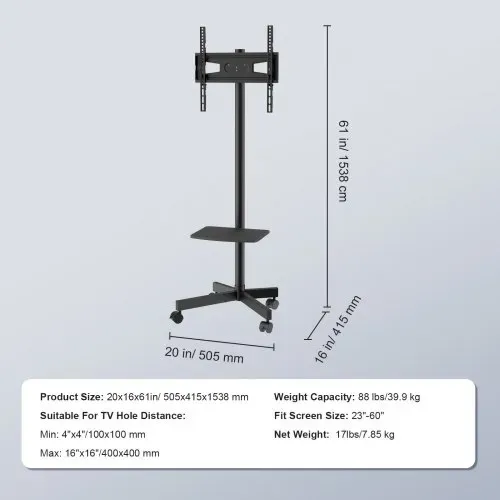 VEVOR TV Ständer mit Rollen Universal 1430–1538 mm Höhenverstellbar, 100 x 100 mm / 400 x 400 mm, 39,9 kg Belastbarer Bodenständer Standfuß Passend für 58,42-152,4 cm Fernsehen, TV-Halterung – Bild 6