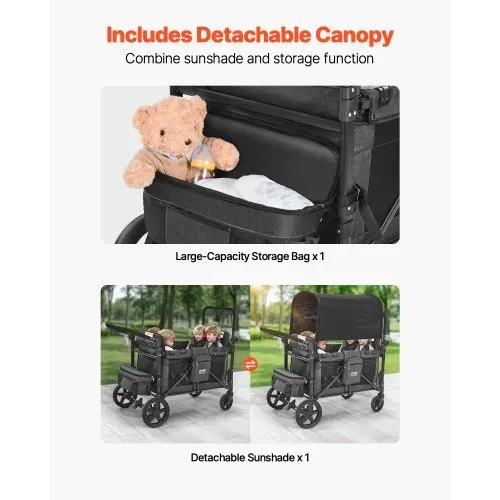 VEVOR Kinderwagen für 4 Kinder, Push-Pull-Reisebuggy mit verstellbarem Griff, Sicherheitsgurt und abnehmbarem Verdeck, 4-Sitzer-Bollerwagen für Camping, Dunkelgrau und Schwarz (150 kg Tragkraft) – Bild 4