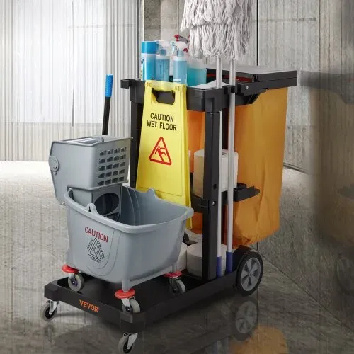 VEVOR Reinigungswagen Putzwagen mit 3 Fächern, Hygienewagen Reinigungswagen 90,7 kg Tragfähigkeit, Schwarz PP Wischwagen Systemwagen mit PVC-Müllsack, Geeignet für Büros, Einkaufszentren, Hotels – Bild 7