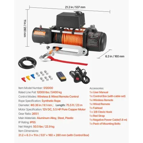 VEVOR Elektrische Seilwinde, 5400 kg, 12 V DC LKW-Winde mit Φ9,1mm x 23m Synthetikseil, kabellose & kabelgebundene Fernbedienung, IP55 zum Abschleppen von Geländewagen, Jeeps, Anhängern & Booten – Bild 6