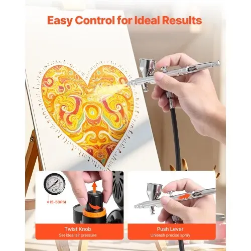 VEVOR Airbrush Set 1/6 PS mit Luftkompressor & Tank, 1 Dual Action Airbrush mit 1 Düse (0,3 mm) & Schlauch & Acrylfarbe )(24) & 2 Ventilatoren, für Kuchendekoration Modellmalerei Nagelkunst – Bild 3
