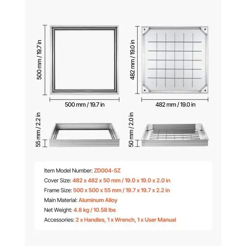 VEVOR Schachtabdeckung mit Rahmen 50 x 50 cm, Unsichtbarer Schachtdeckel Auspflasterbarer Klärgrubendeckel aus Aluminiumlegierung für Integrierten Abflusskanal auf Gehwegen in Gärten auf Terrassen – Bild 2