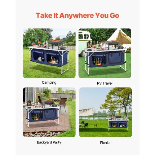 VEVOR Camping Küchentisch klappbarer Kochtisch Outdoor, 3-fach höhenverstellbar, tragbare Kochstation aus Aluminium mit Organizer & Tragegriff, für Grillpartys Picknicks Wohnmobilreisen Blau – Bild 6
