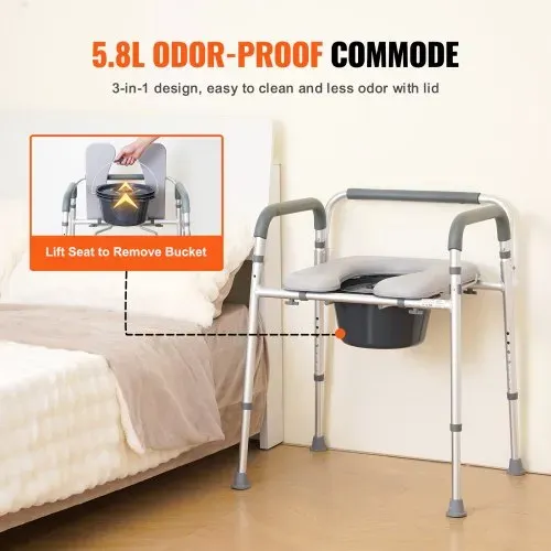 VEVOR Toilettenstuhl Nachtstuhl mit Gepolsterter Sitzfläche & Armlehnen, 7-stufig höhenverstellbar, 5,8 L Abnehmbarer Eimer, Einfach zu Montieren, 158 kg Fassungsvermögen, Erhöhter Toilettensitz – Bild 5