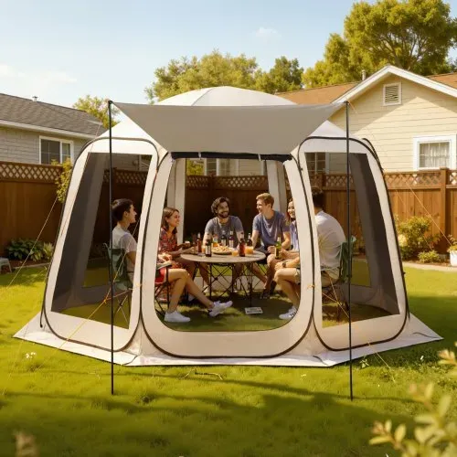 VEVOR Campingzelt, 365,76x335,28x230 cm, Pop-up-Zelt mit ausziehbarer Markise, Partyzelt für 10–12 Personen, inkl. Tragetasche & Netz-Seitenwände, für Terrasse & Outdoor-Aktivitäten, Beige – Bild 7