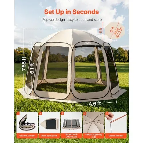 VEVOR Pop-Up-Zelt, 365,76×335,28 cm, tragbares Campingzelt für 10–12 Personen, mit Netz, Tragetasche, Seitenwänden und Heringen, für Garten, Terrasse und Outdoor-Aktivitäten, Beige VEVOR Pop-Up-Zelt, 365,76×335,28 cm, tragbares Campingzelt für 10–12 Personen, mit Netz, Tragetasche, Seitenwänden und Heringen, für Garten, Terrasse und Outdoor-Aktivitäten, Beige