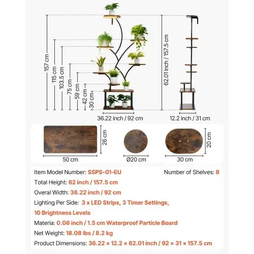 VEVOR Pflanzenständer mit Wachstumslichtern, 8-stöckiges Pflanzenregal, Blumenständer, 3 Timer- & 10 Helligkeitsstufen, Blumenregal als Dekoration für Wohnzimmer & Balkon, 920x310x1575 mm – Bild 6
