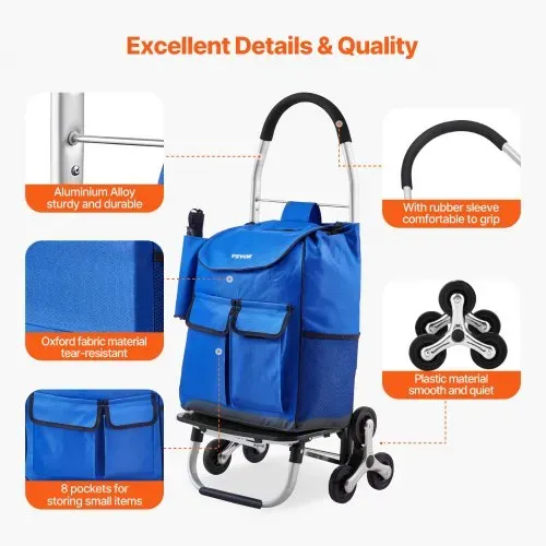 VEVOR faltbarer Einkaufswagen, 445 x 375 x 990 mm, Sackkarre zum Treppensteigen mit 6 Rädern, Aufbewahrungstasche aus Oxford-Stoff, zum Einkaufen, Büro, Umzug, Transport, im Freien, Wäsche – Bild 5