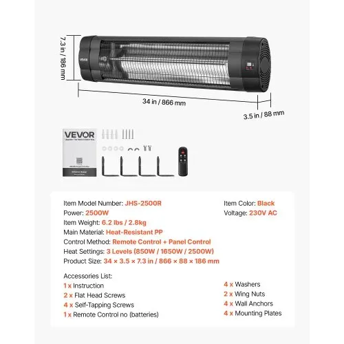 VEVOR Infrarot Heizstrahler 2500W Elektrischer Infrarotstrahler Wandgerät, Infrarotheizung für Garten Terrasse Balkon, Bedienfeld & Fernbedienung, 3 Heizstufen, 24h Timer, Hitzebeständiges PP-Material – Bild 6