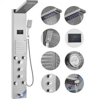 VEVOR Duschpaneelsystem, 6 Duschmodi, LED- und Bildschirm-Wasserkraft-Duschpaneelturm, Regenfall, Wasserfall, 5 Massagedüsen, Wannenauslauf, Handbrause, wandmontiertes Duschset aus Edelstahl VEVOR Duschpaneelsystem, 6 Duschmodi, LED- und Bildschirm-Wasserkraft-Duschpaneelturm, Regenfall, Wasserfall, 5 Massagedüsen, Wannenauslauf, Handbrause, wandmontiertes Duschset aus Edelstahl