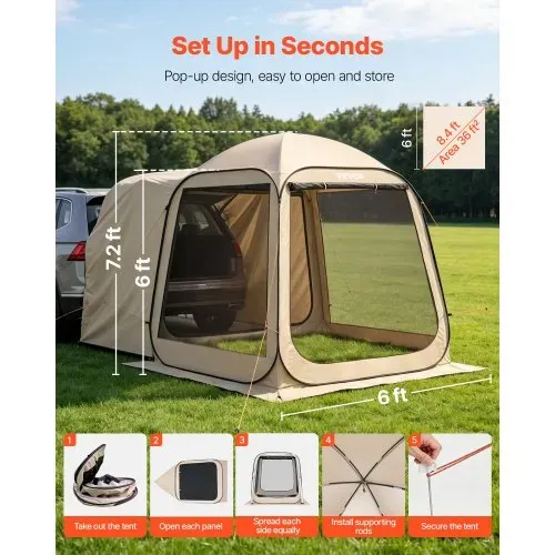 VEVOR Campingzelt, 182,88×182,88 cm, Pop-Up-Zelt für SUV-Heckklappe, tragbares Partyzelt 4-6 Personen mit Tragetasche, Seitenwände aus Netz, für Camping, Garten und Outdoor-Aktivitäten, Beige VEVOR Campingzelt, 182,88×182,88 cm, Pop-Up-Zelt für SUV-Heckklappe, tragbares Partyzelt 4-6 Personen mit Tragetasche, Seitenwände aus Netz, für Camping, Garten und Outdoor-Aktivitäten, Beige