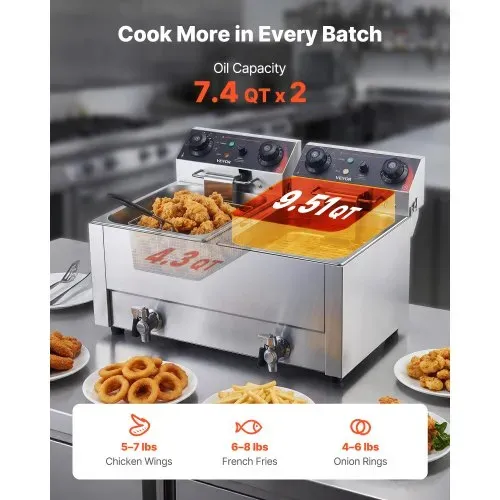 VEVOR Gewerbliche Elektrische 2-Becken-Fritteuse 14 L, 5000 W Edelstahl-Tischfritteuse mit Frittierkörben, Deckeln, Temperaturregelung, Timer und Überhitzungsschutz, für Restaurant, Imbiss, Küche – Bild 2