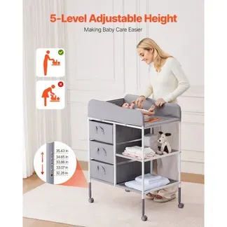 VEVOR Wickeltisch tragbare Wickelstation mit 3 Stoffschubladen & feststellbaren Rädern, höhenverstellbarer multifunktionaler Baby-Wickelkombi mit Aufbewahrungs-Organizer fürs Kinderzimmer Grau VEVOR Wickeltisch tragbare Wickelstation mit 3 Stoffschubladen & feststellbaren Rädern, höhenverstellbarer multifunktionaler Baby-Wickelkombi mit Aufbewahrungs-Organizer fürs Kinderzimmer Grau