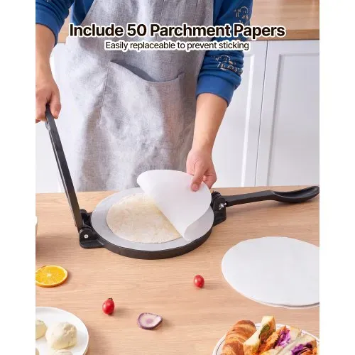 VEVOR Tortillapresse 30 cm Gusseisen Manuelle Taco Presse Pizzateigpresse für Weizentortillas, Pizza, Bäckerei und Fladenbrot, mit Verstärktem Griff, 50 Backpapier und Eingebrannter Leinöl-Oberfläche – Bild 4