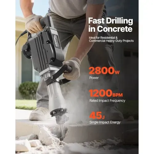 VEVOR Abbruchhammer elektrischer Betonhammer 2800 W, 1200 BPM Presslufthammer mit 3 Meißeln & einem Lehmspaten & Handschuhe & Schutzbrille, für Beton Wände Ziegel Fliesen Fundamente Schwarz VEVOR Abbruchhammer elektrischer Betonhammer 2800 W, 1200 BPM Presslufthammer mit 3 Meißeln & einem Lehmspaten & Handschuhe & Schutzbrille, für Beton Wände Ziegel Fliesen Fundamente Schwarz