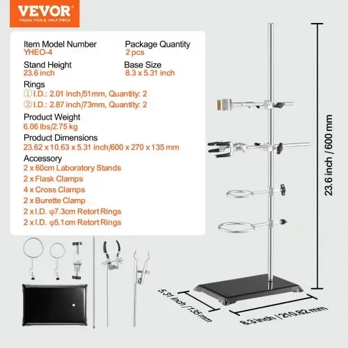 VEVOR Laborständer-Unterstützung, Labor-Retorten-Stützständer 2 Sätze, Laborständer aus Stahl mit 60 cm Stab & 210,82 x 135 mm Gusseisenbasis, inkl. Kolbenklemmen, Bürettenklemmen und Kreuzklemmen – Bild 6