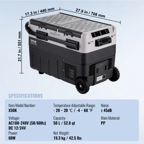 VEVOR Tragbarer Autokühlschrank, 12-Volt-Autokühlschrank, 50L tragbarer Dual-Zone-Gefrierschrank, einstellbare Temperatur, Kompressorkühler für Zuhause, Outdoor, Camping, Wohnmobil, Auto – Bild 6
