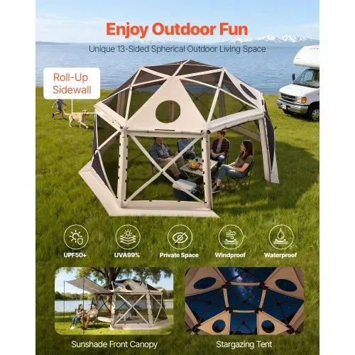VEVOR Pop-up-Pavillon, 4,57 x 4,57 m, 13-seitiges, kugelförmiges Campingzelt mit abnehmbarem Dach und Tragetasche, 360°-Belüftung, Sonnenschutz, Partyzelt für 12–15 Personen, Beige – Bild 2