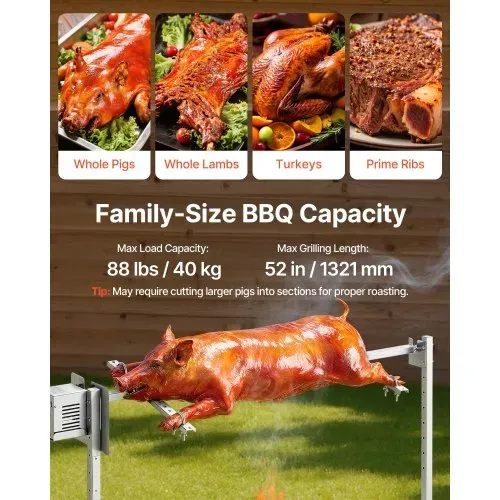 VEVOR Lammgrill 38 W 40 kg 1321 mm Drehspieß Spanferkelgrill Edelstahl für Gartenpartys, Hochzeiten, Camping und Feste, 3 U/min mit 8 Höhenstufen, 1740 x 535 x 860 mm, SUS304-Gabel, 45°-Standfuß – Bild 2
