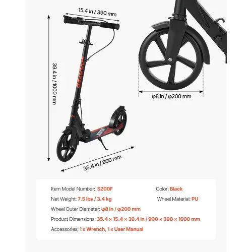 VEVOR Scooter (2 Räder) für Kinder ab 8 Jahren, Cityroller Kinderroller Straßenroller mit höhenverstellbarem Lenker & rutschfestem Deck & Handbremse, faltbarer Tretroller bis zu 100 kg, Schwarz – Bild 6