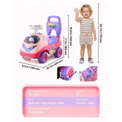 VEVOR Rutschauto, Rutscher für Kleinkinder, Rutschfahrzeug mit Hupe und Musik, 22 kg Tragkraft, Stauraum unter dem Sitz, Lauflernhilfe für Kleinkinder von 19 bis 36 Monaten, Rosa – Bild 6