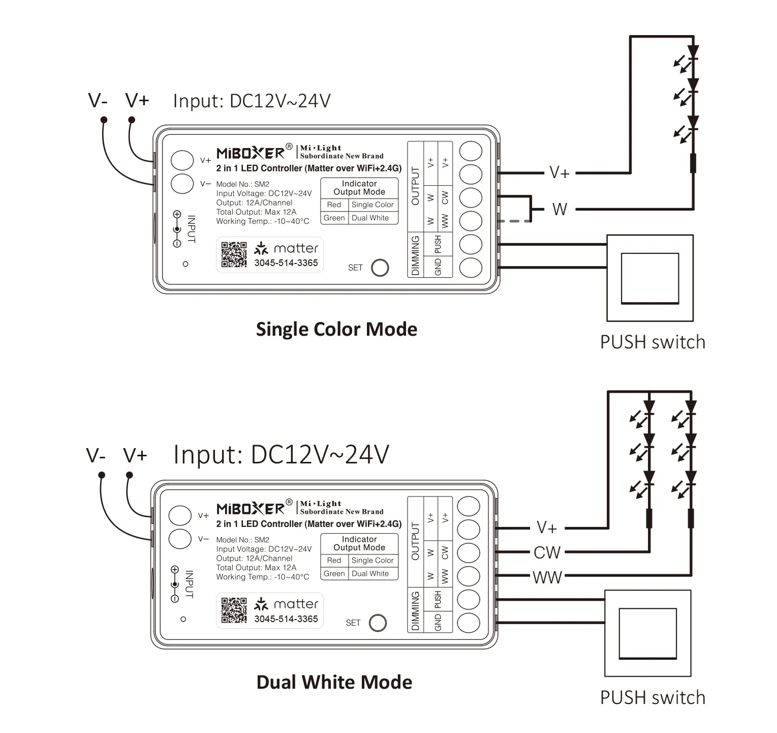 MiBoxer SM2 LED Controller Matter-Serie 2in1 Single colour/CCT(dual white) dim DC12/24V Matter Over WiFi+2.4GHz – Bild 7