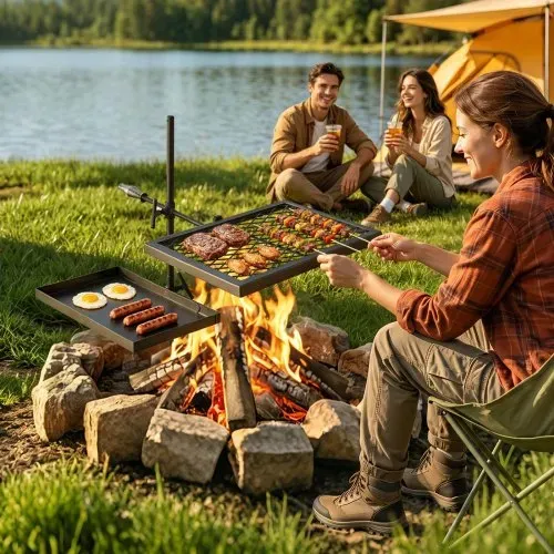 VEVOR Lagerfeuergrill Schwenkbar mit Grillrost Grillplatte Kohlenstoffstahl, 360° Höhenverstellbarer Schwenkgrill mit Grillständer, Drehbarer Outdoor-Grill für Offenes Feuer, Camping und Garten – Bild 7