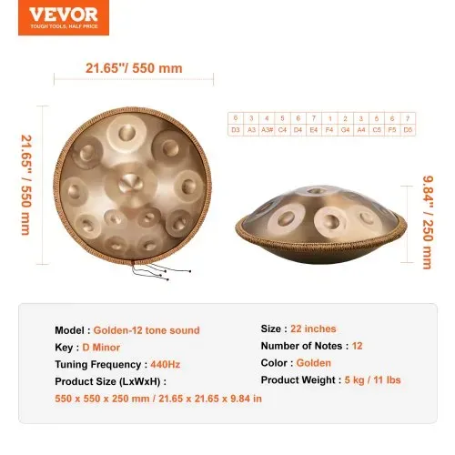 VEVOR Handpan, 55 cm, 12 Noten, D-Moll-Handtrommel, Drum-Instrument mit Schlägeln, 440-Hz-Handpan-Ständer & Tragetasche, Heilende Klangtrommel aus Stahl, Schlaginstrumente für Erwachsene & Anfänger – Bild 6