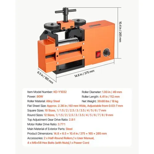 VEVOR Schmuckwalzwerk Elektrisch 60 mm 3-in-1 Walzwerk Flach Vierkant Rund, Werkzeug für DIY-Schmuckhersteller, Einstellbare Dicke 0,03–7 mm, zum Pressen von Duktilen Metallen wie Gold Silber Kupfer – Bild 6