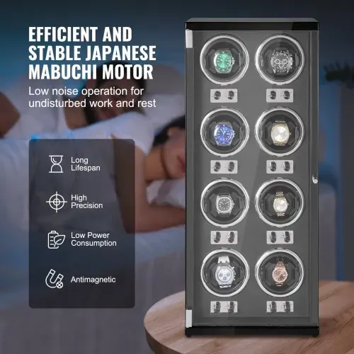 VEVOR Uhrenbeweger, Automatik-Uhrenbeweger, Watch Winder, Uhrenbeweger für Automatikuhren, Automatischer Uhrenbeweger mit Platz für 8 Uhren, LED Beleuchtung, 150–207 mm Einstellbar Riemenlänge – Bild 3
